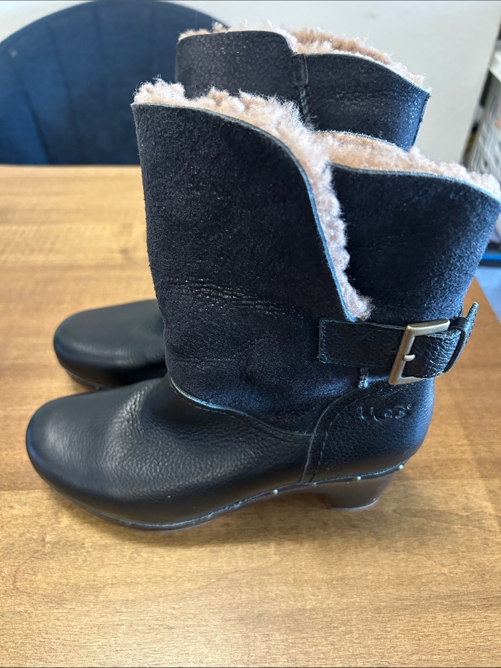 UGG Black Leather & Suede Shearling-Lined Ankle Booties
